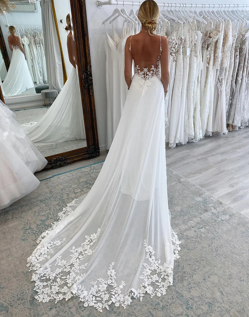 Chiffon Boho A-Line Wedding Dress with Lace