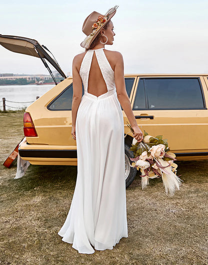 Lace Chiffon Halter Boho Wedding Dress With Slit