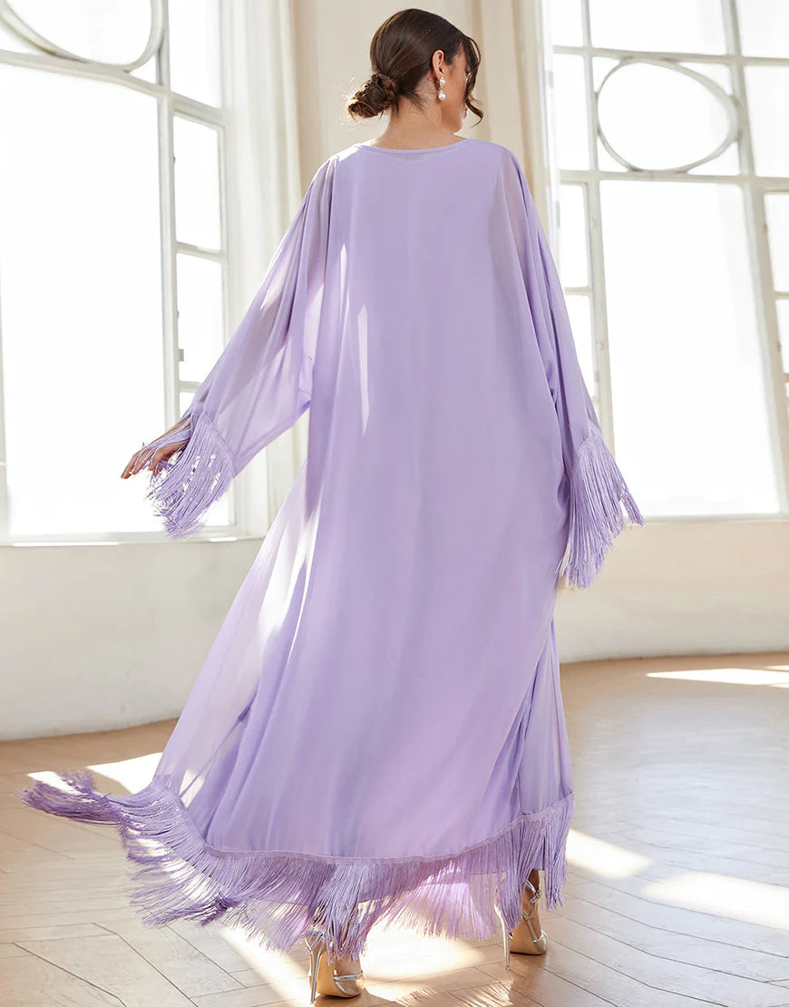 Boat Neck Fringes Lilac Formal Dress with Cape