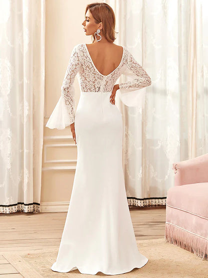 Wedding Dresses V Neck Floor Length Lace Satin Long Sleeve Romantic with Lace