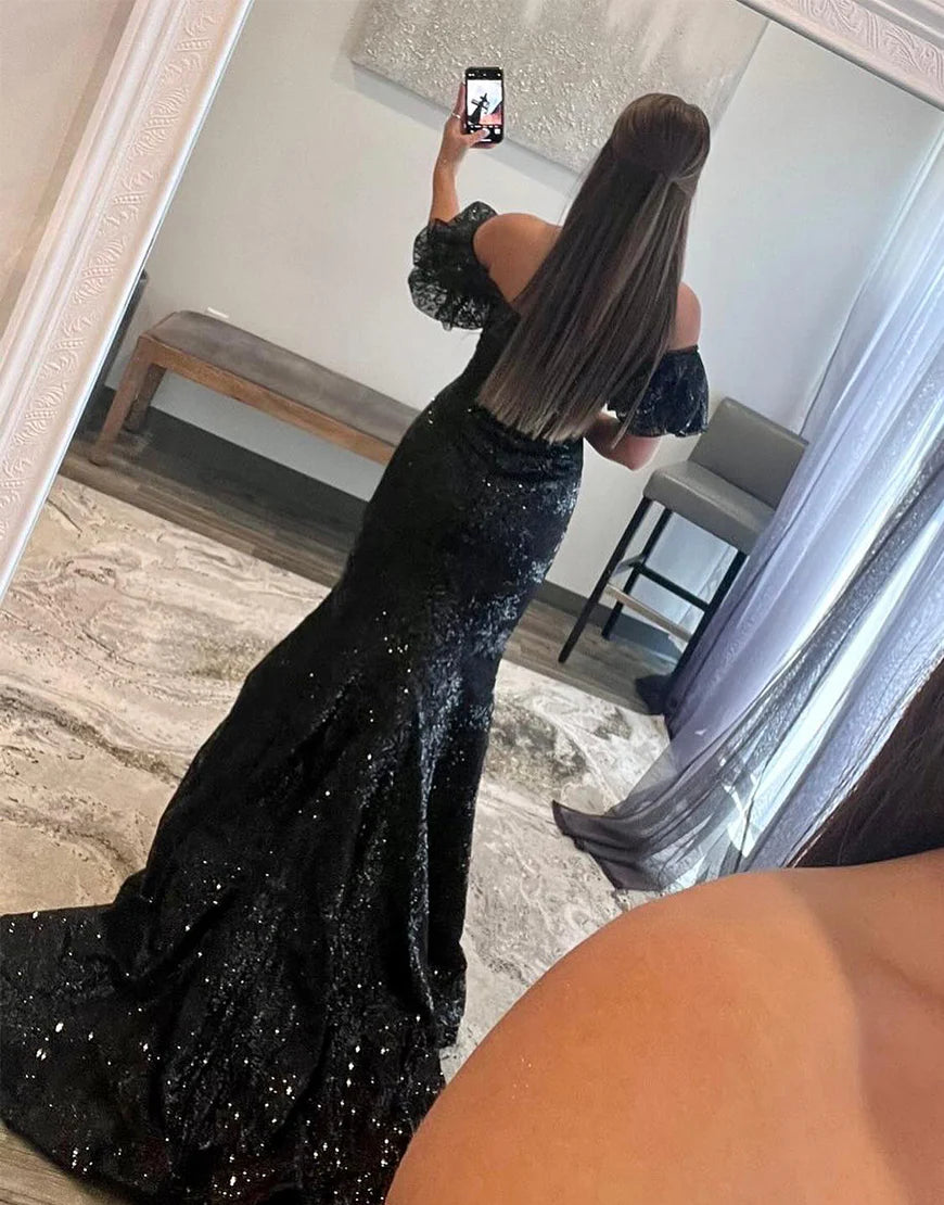 Off the Shoulder Black Lace Mermaid Prom Dress