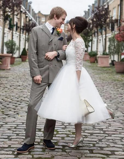 A Line 3/4 Sleeves Lace Bridal Dress