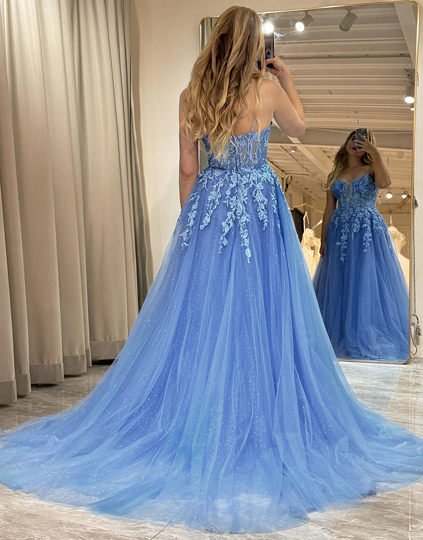 A Line Tulle Long Prom Dress With Appliques