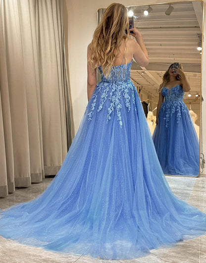 A Line Tulle Long Prom Dress With Appliques