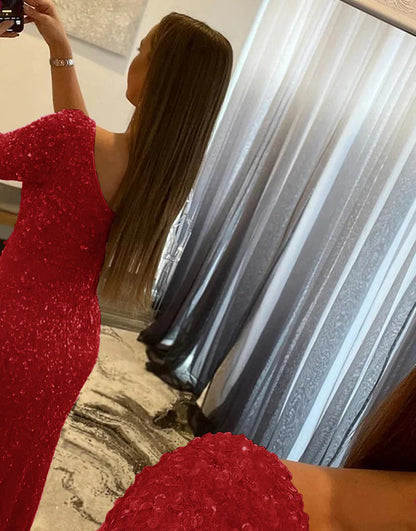 One Shoulder Sequined Prom Dress With Slit