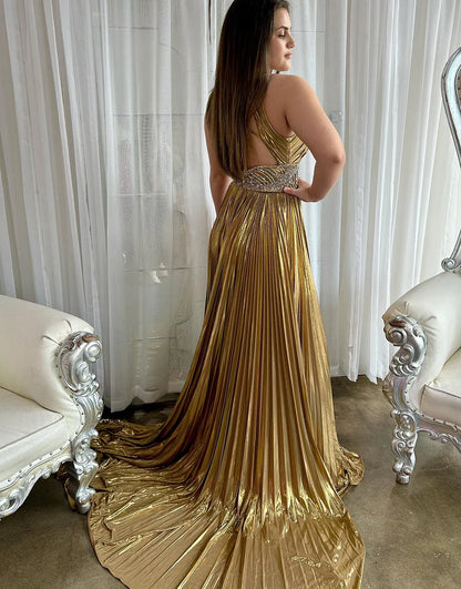 A-Line Beaded Metallic Long Prom Dress with Slit