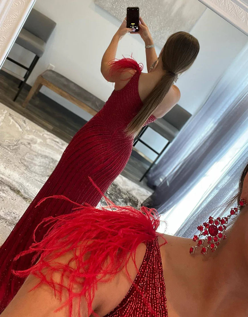 One Shoulder Beaded Slit Prom Dress with Feather