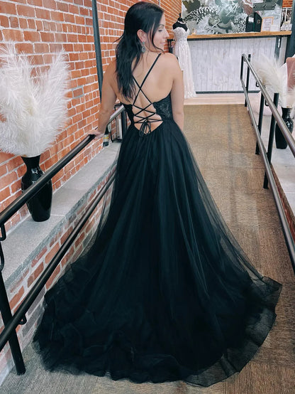Spaghetti Straps A Line Sparkly Long Prom Dress