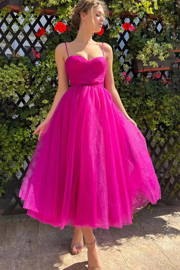 Sweetheart Tea Length Hot Pink Prom Dress Simple Prom Dress