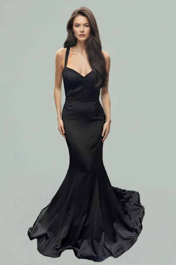 Mermaid Satin Long  Prom Dress Evening Dress with Train