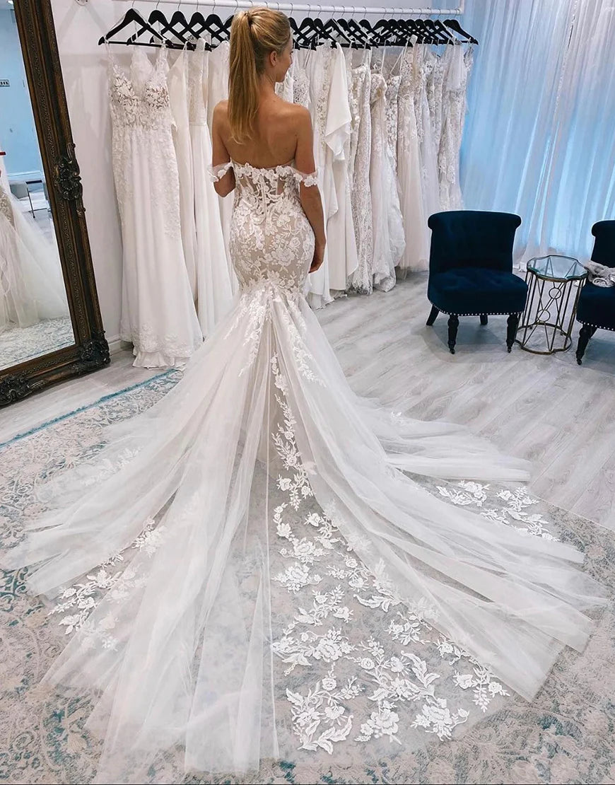 Off the Shoulder Long Lace Mermaid Wedding Dress