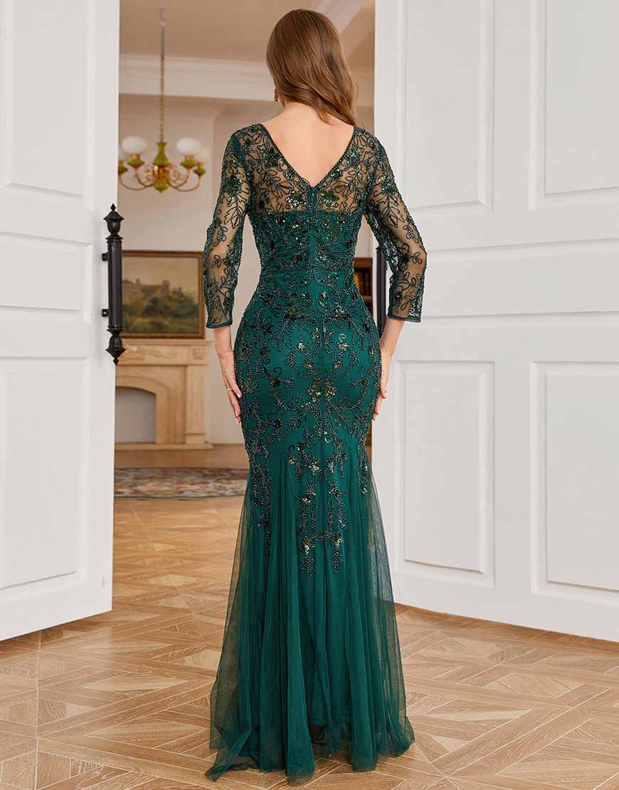 Dark Green Long Sleeves Beading Formal Evening Party Dress