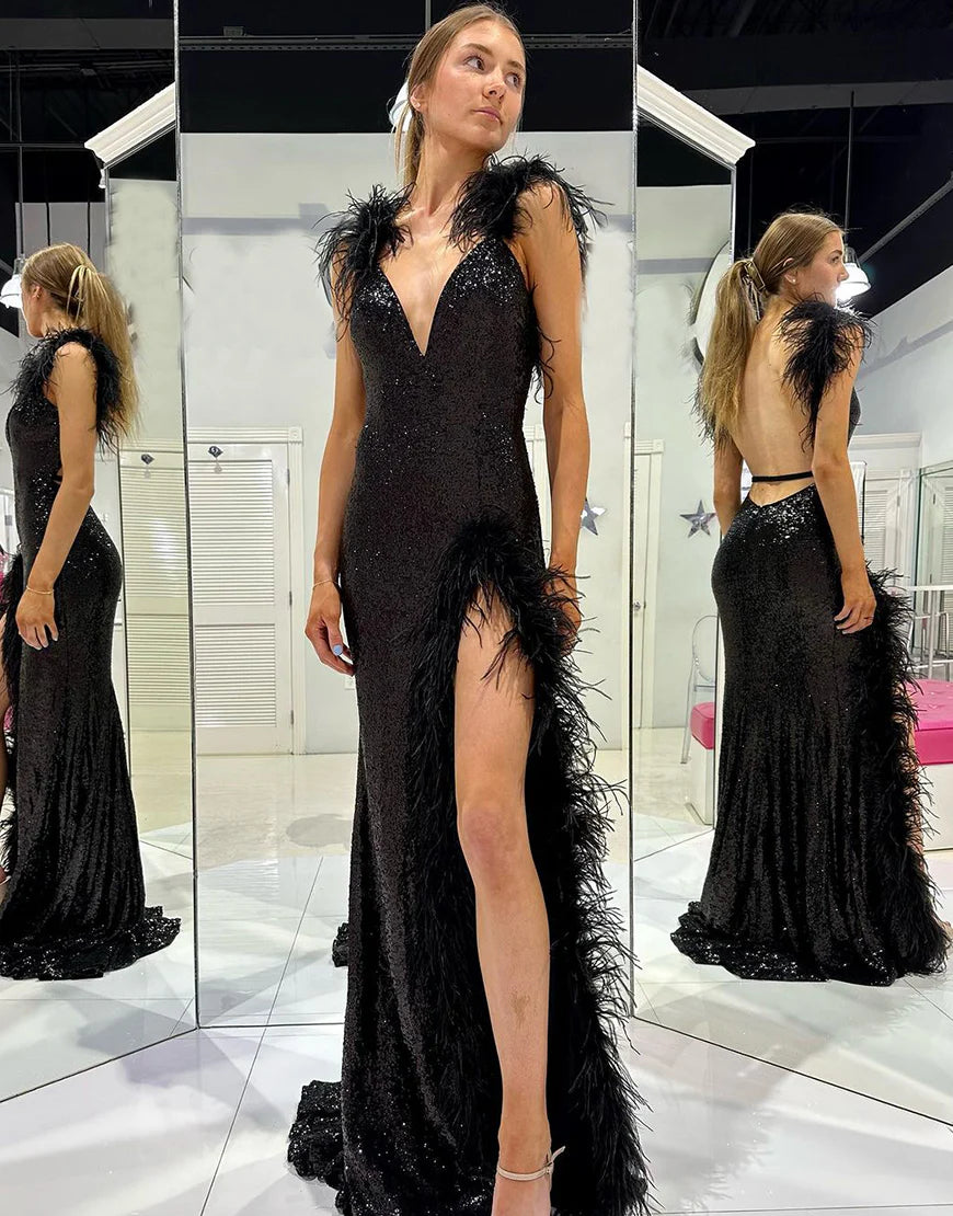 Mermaid Sequin V-Neck Long Prom Dress with Feathers