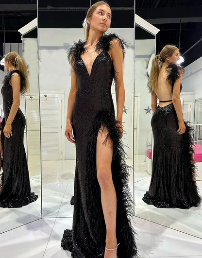 Mermaid Sequin V-Neck Long Prom Dress with Feathers