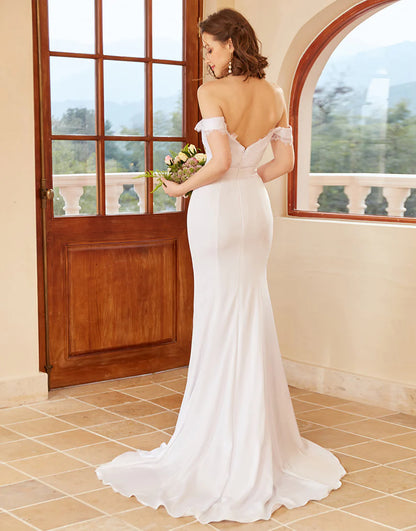 Mermaid Off the Shoulder White Wedding Dress with Lace