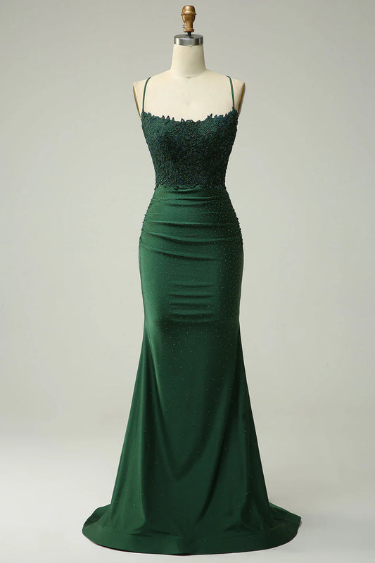 Dark Green Mermaid Spaghetti Strap  Halter Back Cross Backless Long Prom Dress with Appliques Beading ﻿