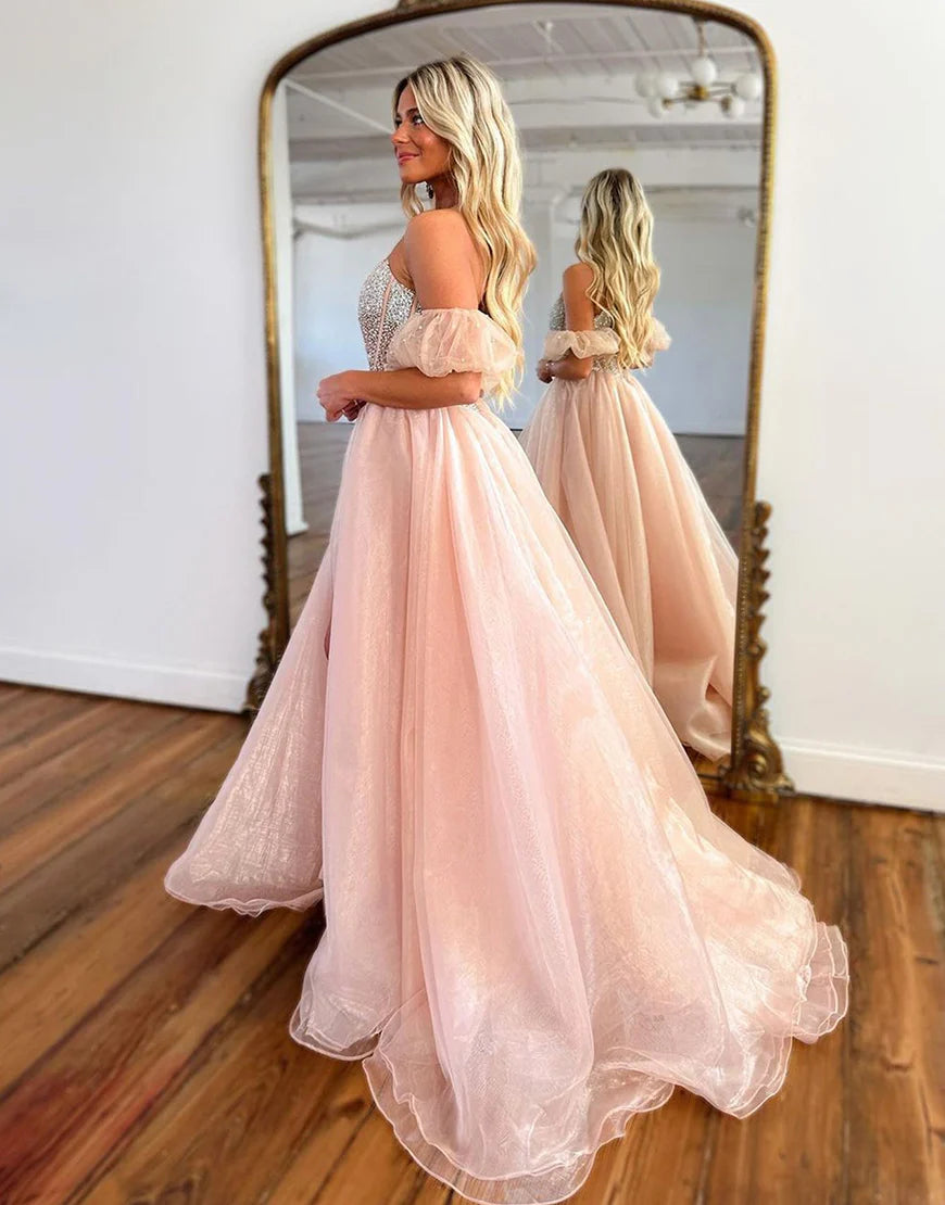 A Line Off The Shoulder Sequins Long Prom Dress