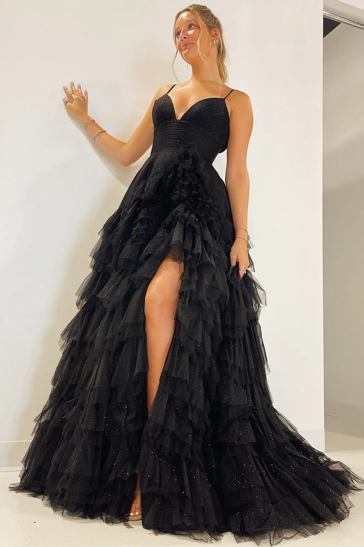 Tulle High-Waist Tiered Long Prom Dress with Ruffles