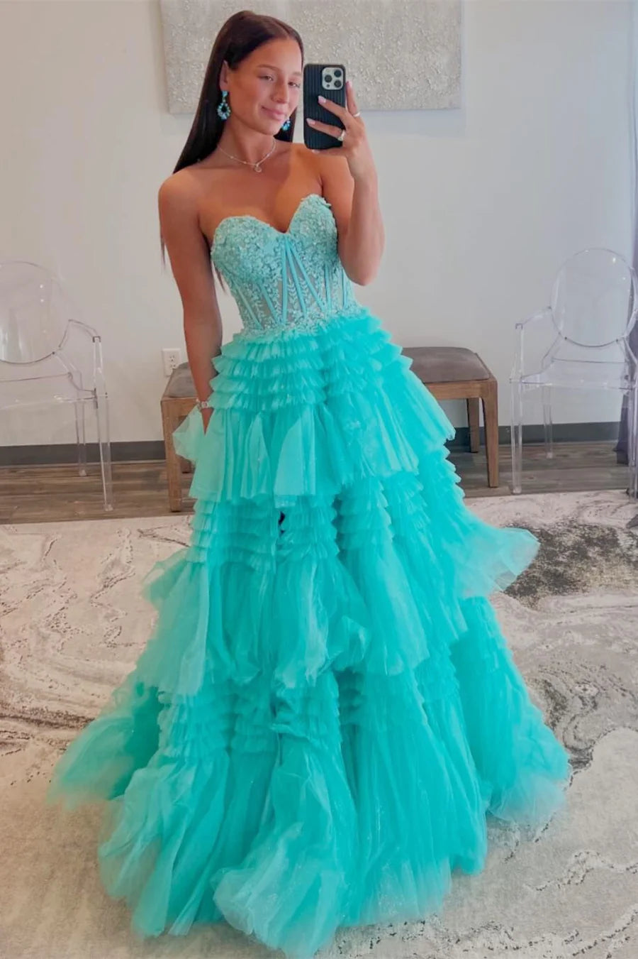 Tulle Sweetheart Tiered A-Line Long Prom Dress with Ruffles