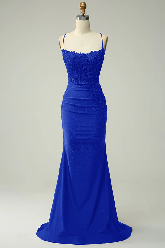 Royal Blue Mermaid Spaghetti Strap  Halter Back Cross Backless Long Prom Dress with Appliques Beading