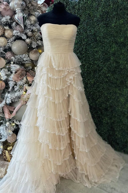 Tulle Strapless Ruffle Beaded Long Prom Dress with Slit