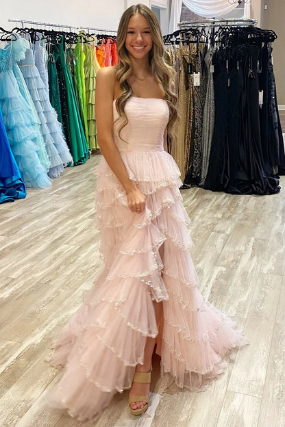 Tulle Strapless Ruffle Beaded Long Prom Dress with Slit