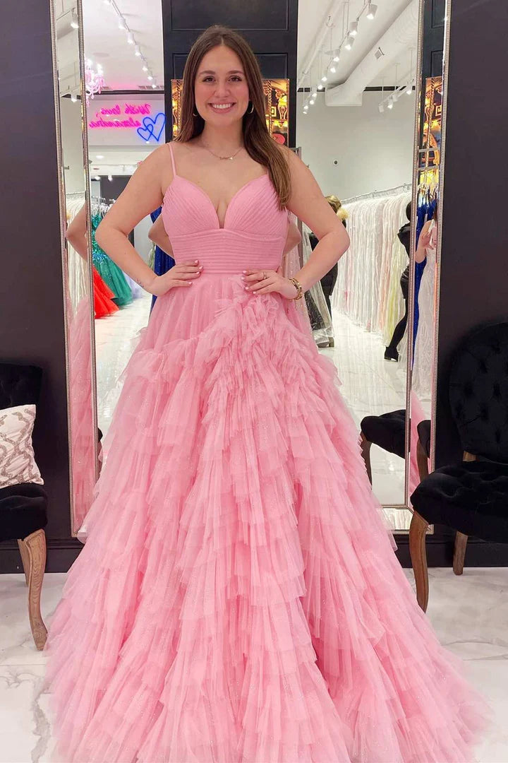 Tulle High-Waist Tiered Long Prom Dress with Ruffles