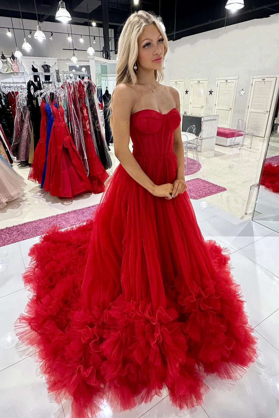 Tulle Strapless Tiered Ball Gown with Ruffles