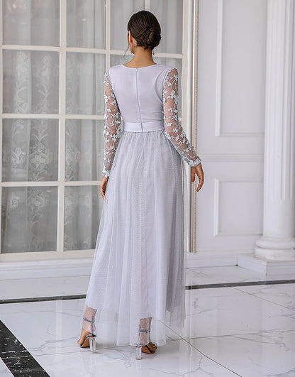 Grey Tulle V-neck Long Sleeve Tulle Lace Formal Mother Dress