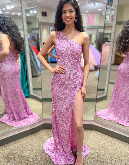One Shoulder Sequin Prom Dress With Slit