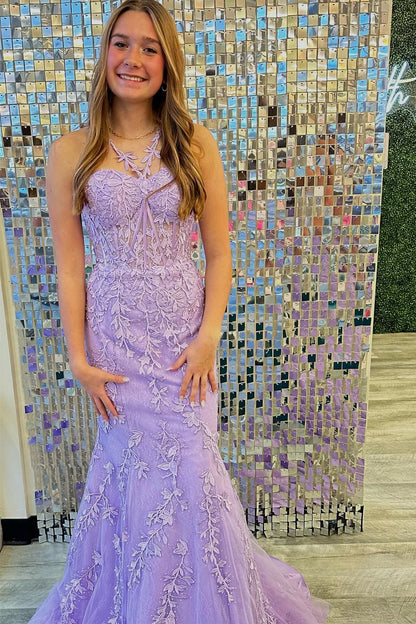 Halter Flower Straps Appliques Mermaid Long Prom Dress