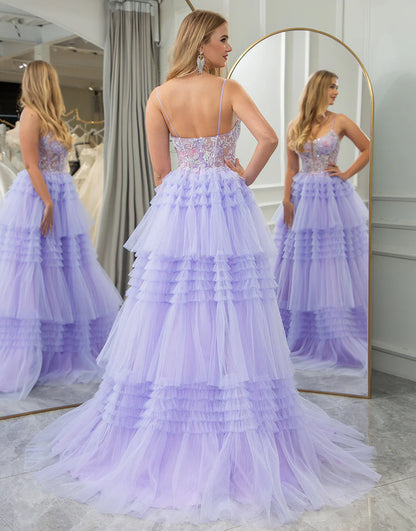 A Line Tiered Tulle Long Prom Dress With Beaded Flower Appliques