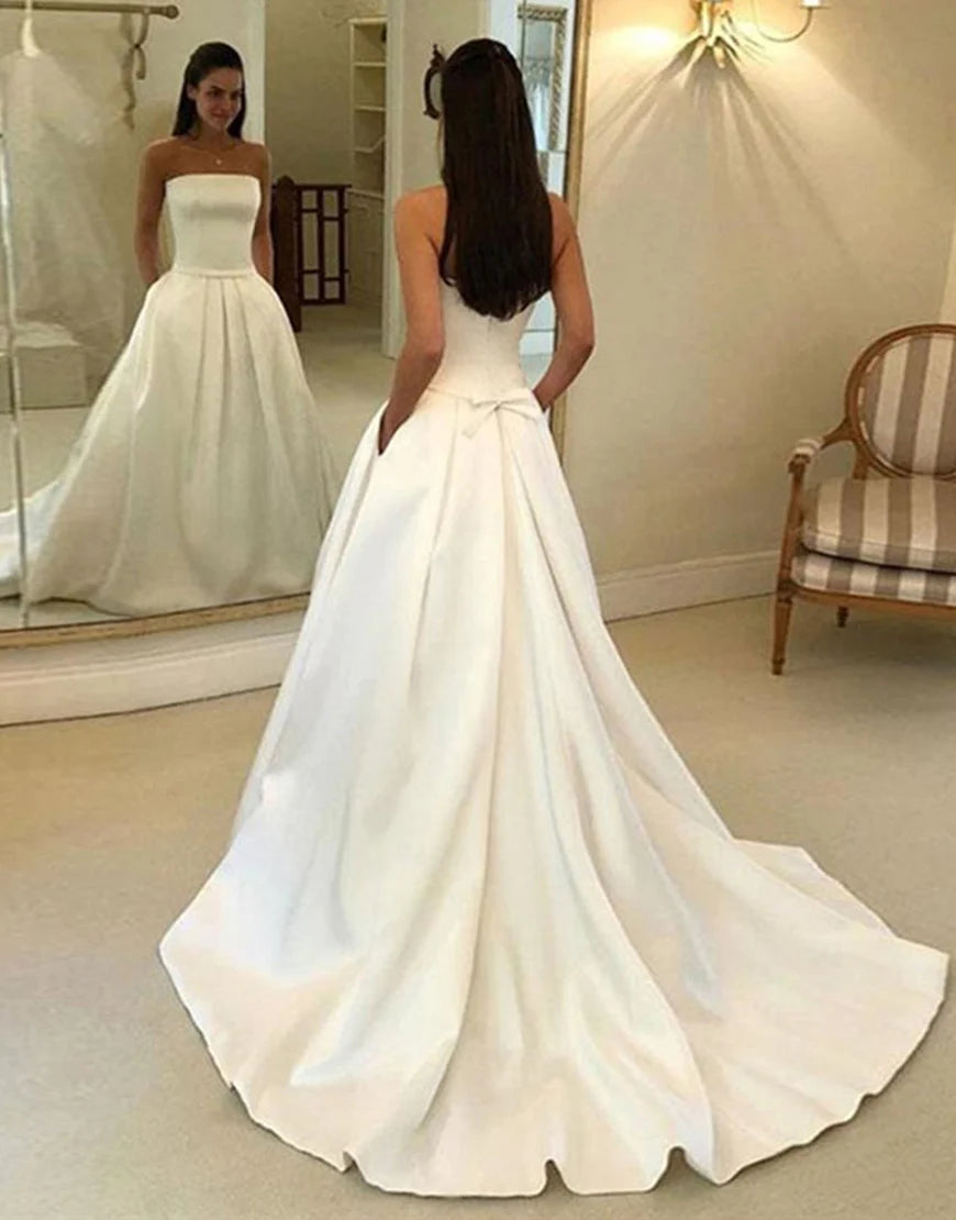 Strapless A Line Chapel Train Long Bridal Dress