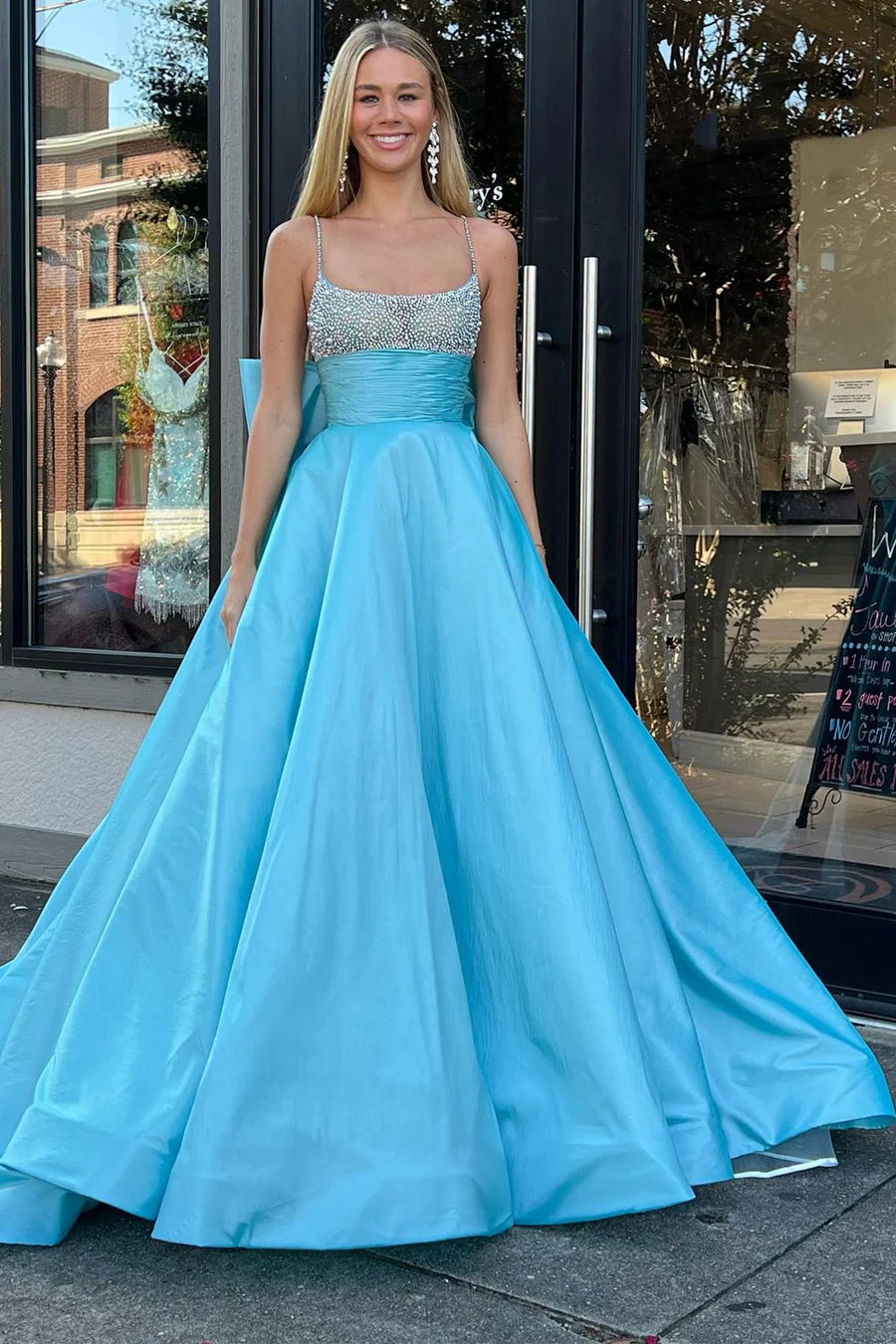 Beaded Bow-Back A-Line Long Formal Dress
