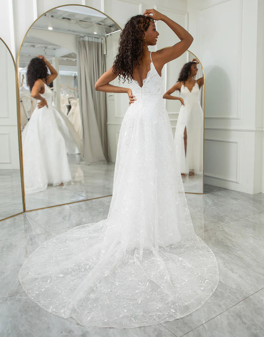 A Line V-Neck Lace Appliqued Wedding Dress