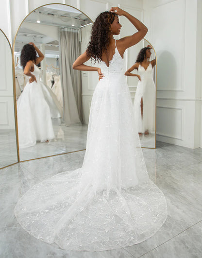 A Line V-Neck Lace Appliqued Wedding Dress