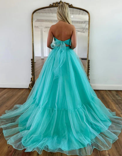 Mint Green A Line Off The Shoulder Two Pieces Long Prom Dress