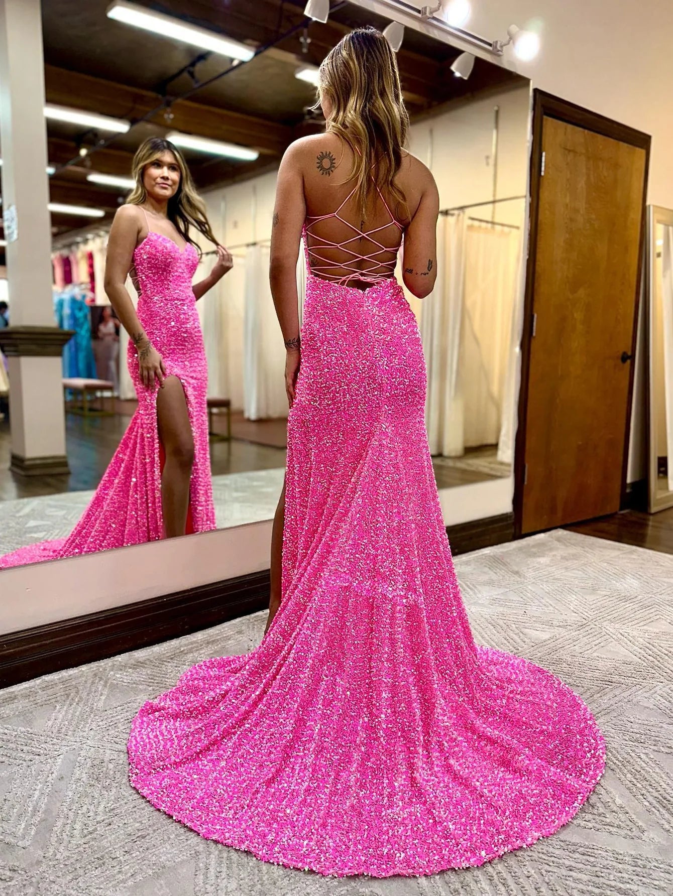 Mermaid Spaghetti Straps Hot Pink Prom Dress with Slit