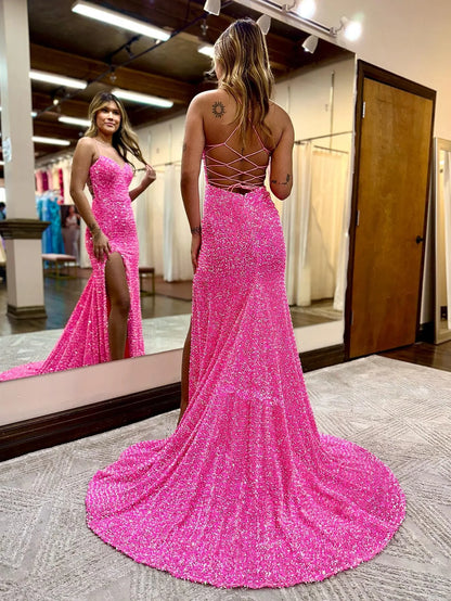 Mermaid Spaghetti Straps Hot Pink Prom Dress with Slit