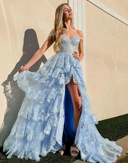 Sky Blue A-Line V Neck Tiered Long Prom Dress With Slit