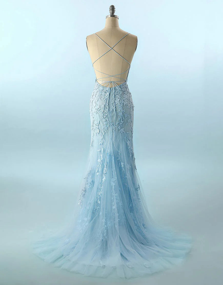 Mermaid Blue Long Backless Tight Prom Dress