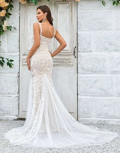 Mermaid Ivory Sweep Train Wedding Dress with Lace