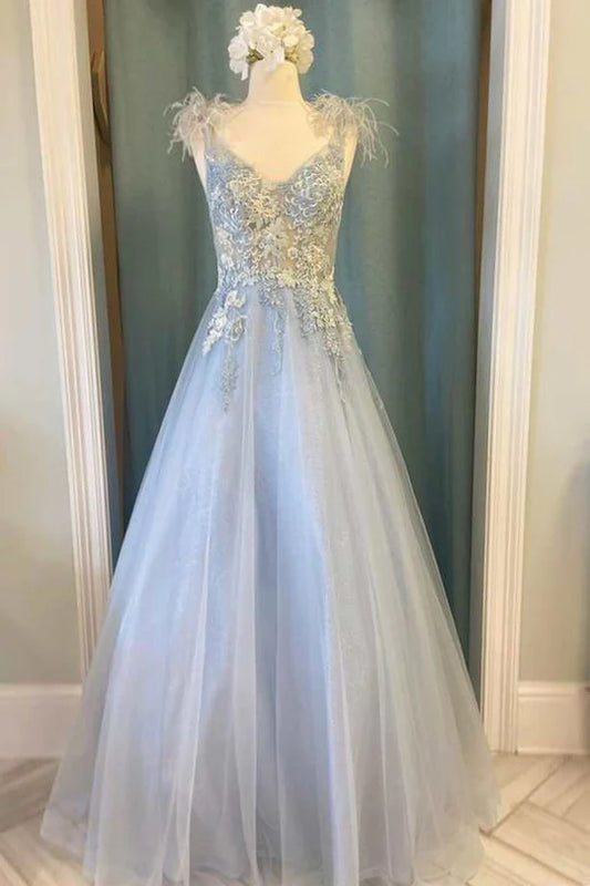 Floral Lace Feather V-Neck A-Line Long Prom Dress