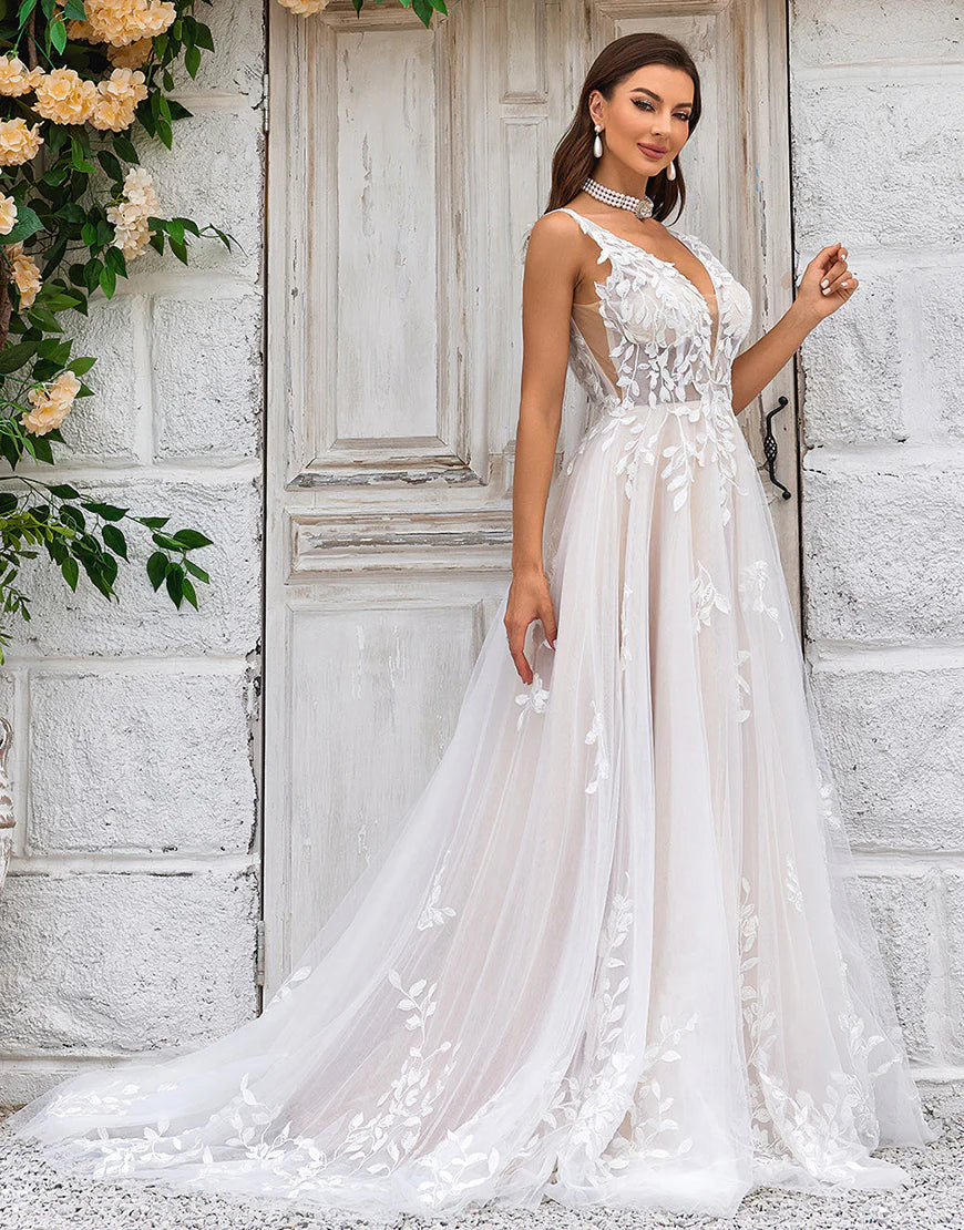 A-Line V-Neck Lace Applique Ivory Wedding Dress