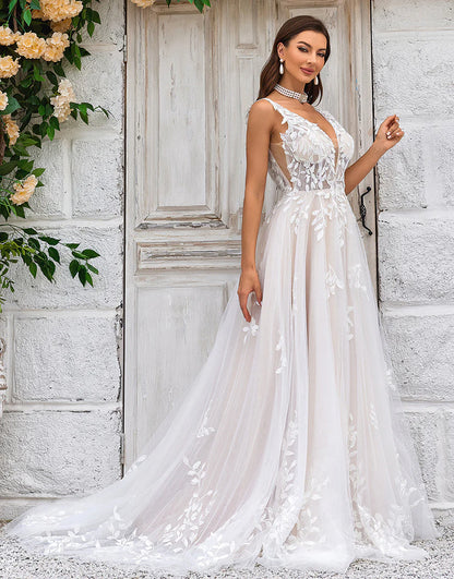 A-Line V-Neck Lace Applique Ivory Wedding Dress