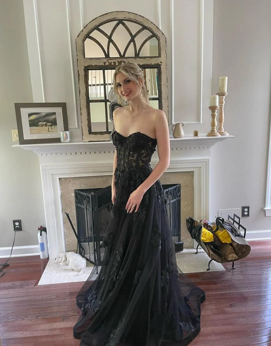 Sweetheart Long Tulle Black Prom Dress
