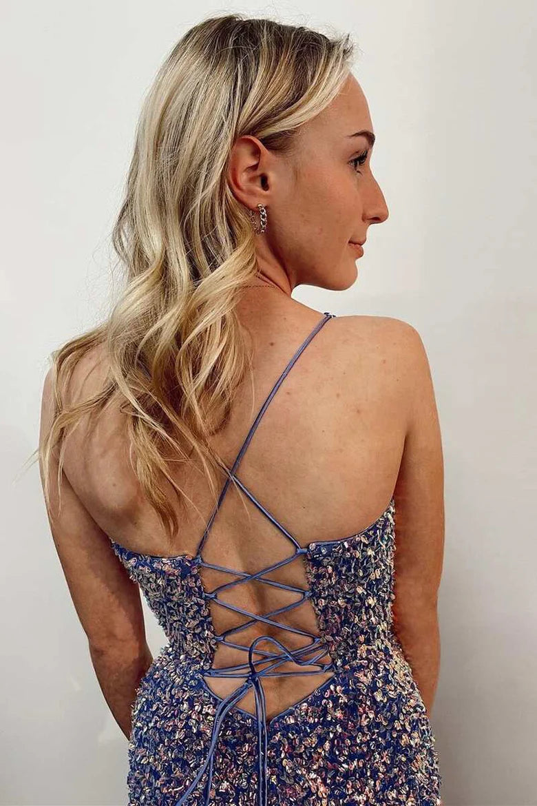 Sequin V-Neck Fringe Mermaid Long Prom Dress