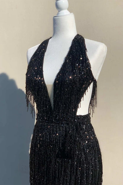 Sequin Fringe Halter Long Prom Dress with Slit