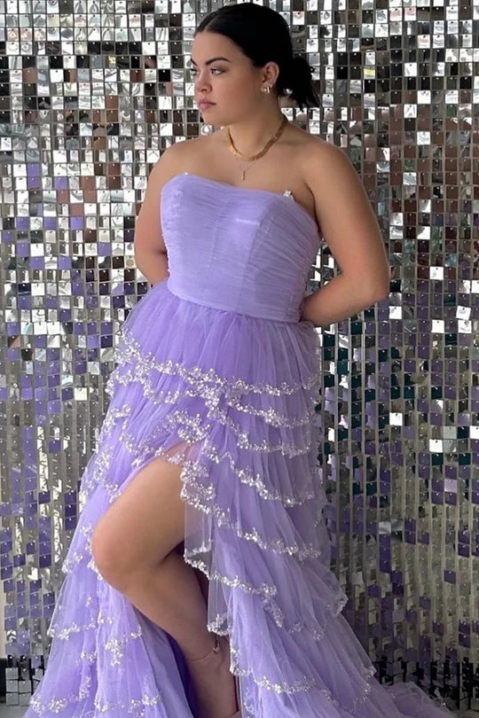 Tulle Strapless Ruffle Beaded Long Prom Dress with Slit