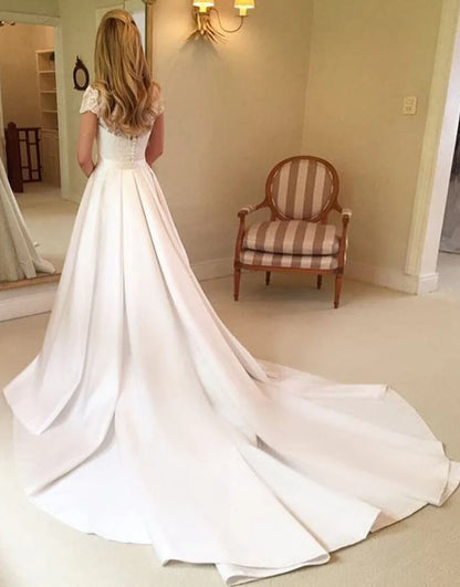 Short Sleeves A Line Chapel Train Long Bridal Dress